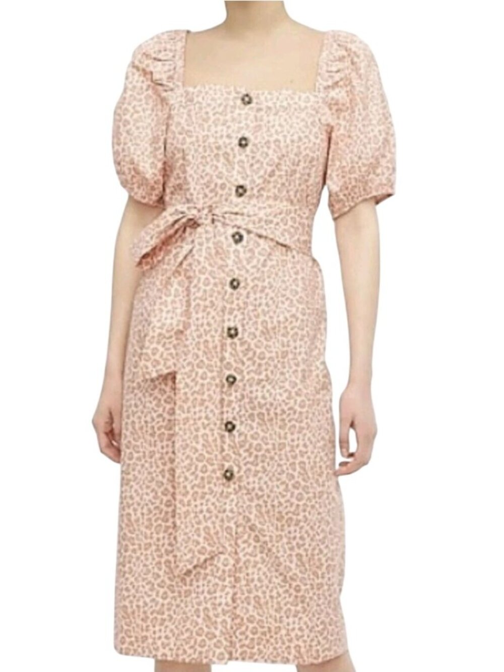 J.Crew Cotton Dress Pink Leopard Tie Belt Square Neckline Button Front Size XL